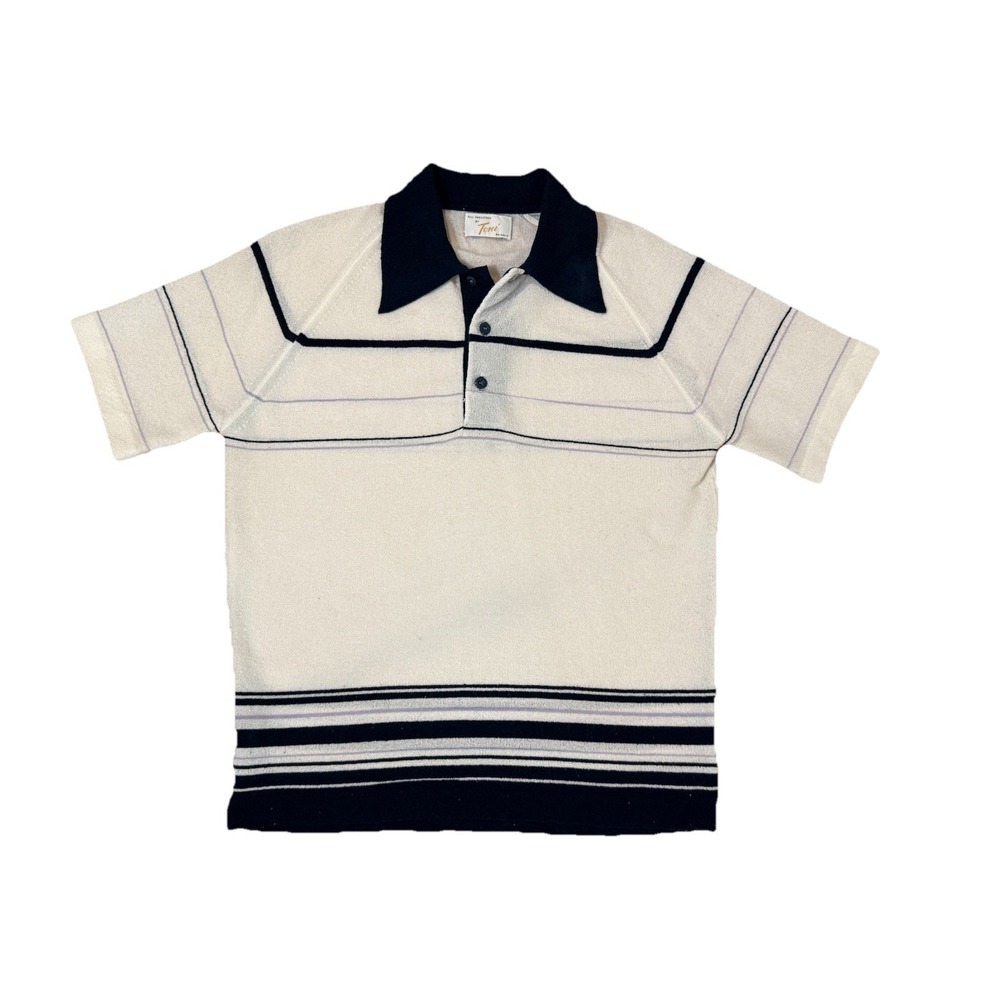 Vtg 60s 70s Mens XL Fashion Knit Polo Striped Textured Blue White Leisure Shirt